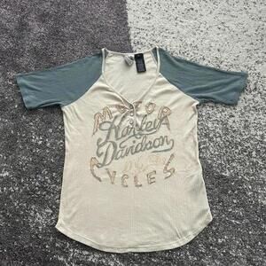 Harley Davidson Women's Short Sleeve Buttoned Raglan Shirt